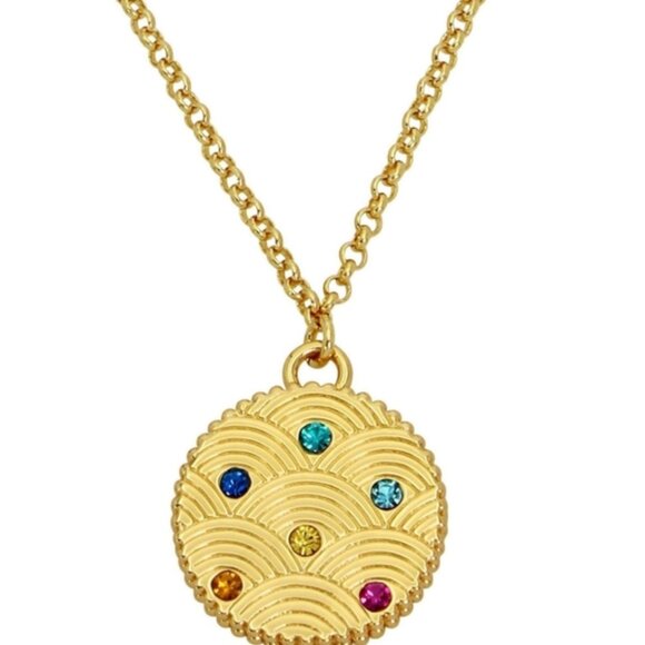 NWT KURT GEIGER PENDANT NECKLACE GOLD TONE W MULTICOLOR STONE W BAG - Picture 3 of 3